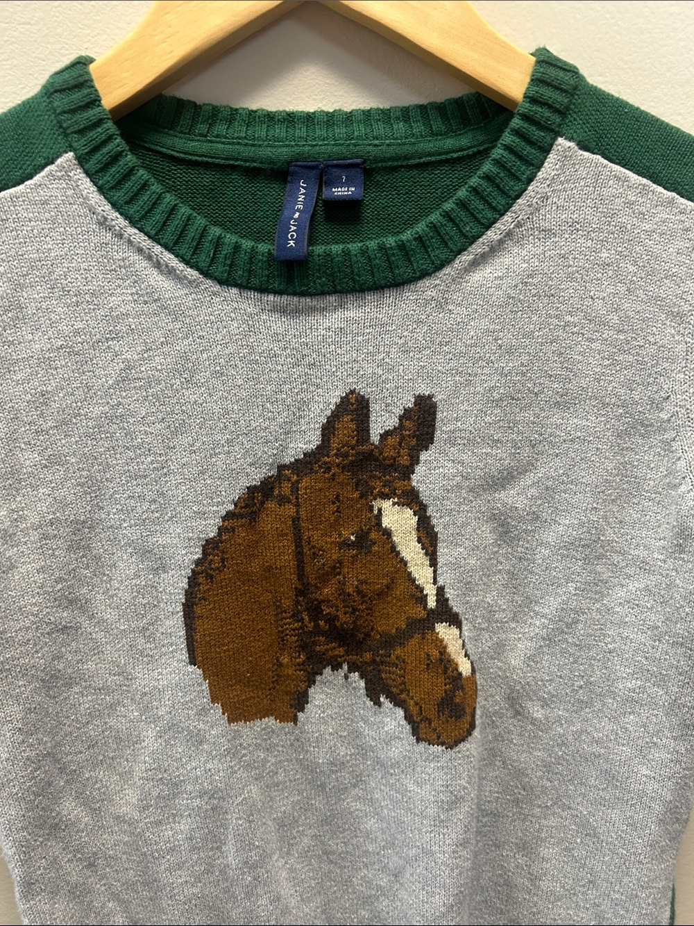 Equestrian Boy’s Horse Illustration Gray & Green Sweater - Picture 3 of 6